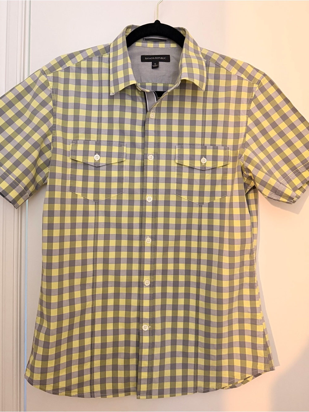 Banana Republic Yellow and Gray Checked Short-Sleeve Button-Down Shirt